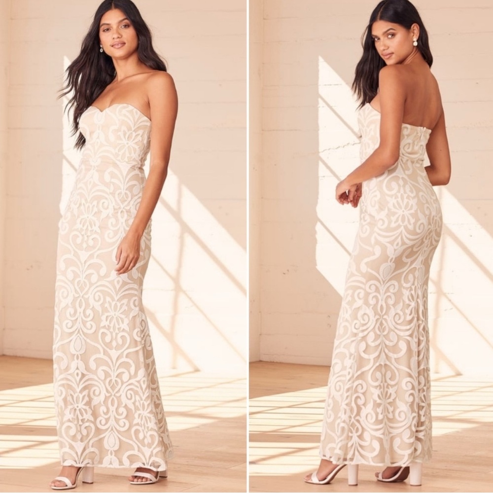 Lulus Art of Romance Embroidered Strapless Maxi Dress Size L‎ Beige White